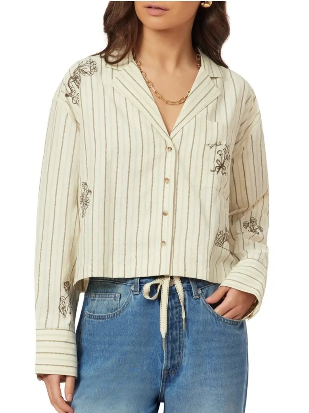 Scotch & Soda Cream Striped Button-Front Shirt with Floral Embroidery